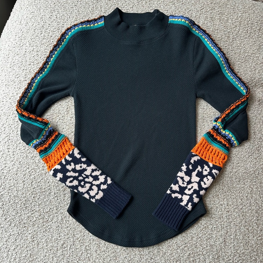 Free People Black Knit Sweater with Colorful Accents